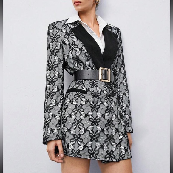 NWT New Contrast Collar Lace Blazer Dress Black White Long Sleeve Butterfly - Picture 8 of 16